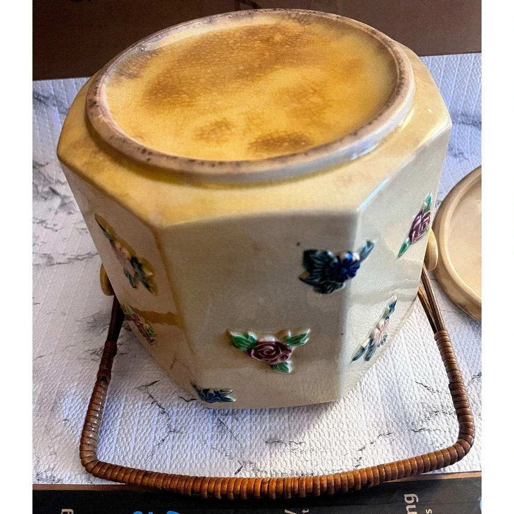 VINTAGE handpainted YELLOW BISCUIT JAR WITH RATTAN HANDLE